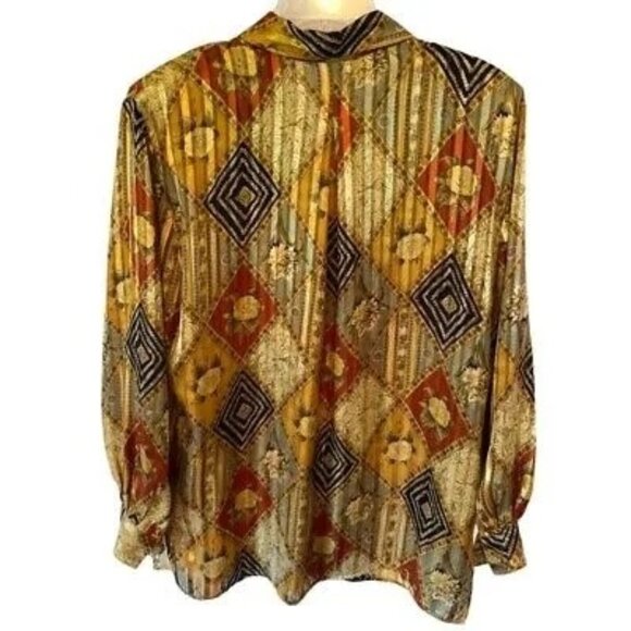 Vintage Tess M Long Sleeve Geometric Floral Button-Up Blouse NWOT - Picture 2 of 4